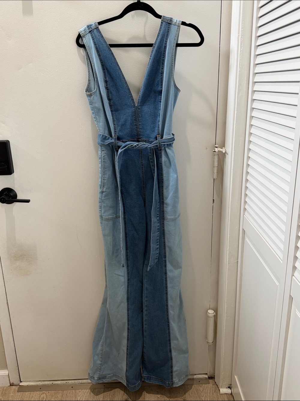 Forever 21 Two-Tone Denim Jumper with Deep V and Tie Waist